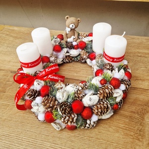 Adventi koszorú macis, Karácsony, Adventi díszek, Adventi koszorú, Virágkötés, MESKA