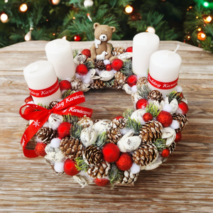 Adventi koszorú macis, Karácsony, Adventi díszek, Adventi koszorú, Virágkötés, mérete: 24cm
, MESKA