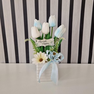 Tulipános tavaszi asztaldísz , Otthon & Életmód, Virágdekoráció, Virágdíszek, Virágdísz kaspóban, Virágkötés, MESKA