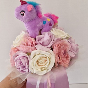 Unikornisos ballagási csokor, Otthon & Életmód, Virágdekoráció, Virágok, Virágcsokor, Virágkötés, Átmérője kb 20cm., MESKA