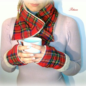 Sál kesztyű szett Piros kockás Körsál Nyakmelegítő , Ruha & Divat, Sál, Sapka, Kendő, Sál, Varrás, MESKA