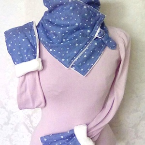 Sál kesztyű szett kék, farmer hatású, fehér szívekkel Körsál Nyakmelegítő - Meska.hu