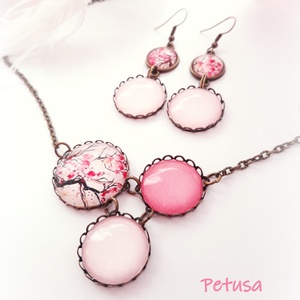 Japán cseresznye nyaklánc fülbevaló szett virágos gyöngyös lógós, Ékszer, Ékszerszett, Ékszerkészítés, MESKA