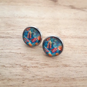 Őszi levelek csipkebogyóval nemesacél fülbevaló, kék  kékeszöld - ékszer - fülbevaló - pötty fülbevaló - Meska.hu