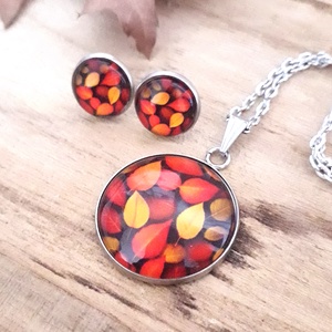 Őszi avar nemesacél nyaklánc fülbevaló, bordó narancs   antiallergén, Ékszer, Ékszerszett, Ékszerkészítés, MESKA