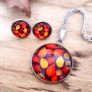 Őszi avar nemesacél nyaklánc fülbevaló, bordó narancs   antiallergén - ékszer - ékszerszett - Meska.hu