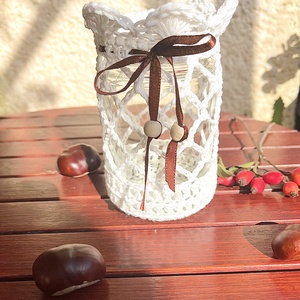 Őszi hangulatú horgolt mécsestartó és váza (11 cm) � Újrahasznosított üvegből - Meska.hu