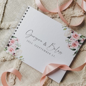Rózsaszín virágos vendégkönyv egyedi felirattal, Esküvő, Emlék & Ajándék, Album & Fotóalbum, Könyvkötés, Papírművészet, MESKA