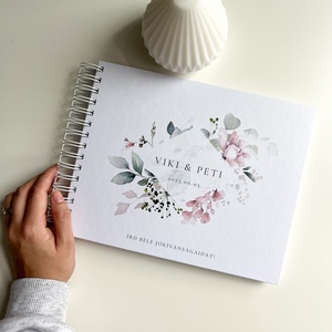 Rózsaszín virágos vendégkönyv egyedi felirattal, Esküvő, Emlék & Ajándék, Album & Fotóalbum, Könyvkötés, Papírművészet, Meska