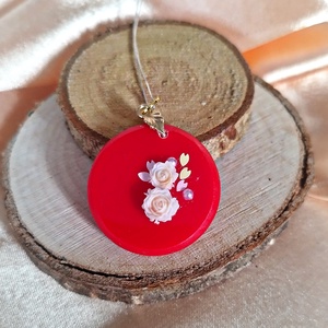 Piros színű kerek női medál rózsákkal, Ékszer, Nyaklánc, Medál, Ékszerkészítés, MESKA