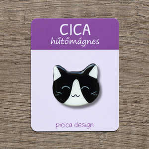 Cica hűtőmágnes - Fekete tuxedo Vidám, Otthon & Életmód, Konyhafelszerelés, tálalás, Konyhai dekoráció, Hűtőmágnes, Gyurma, Festett tárgyak, MESKA