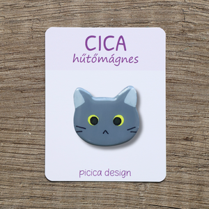 Cica hűtőmágnes - Szürke Kancsal, Otthon & Életmód, Konyhafelszerelés, tálalás, Konyhai dekoráció, Hűtőmágnes, Gyurma, Festett tárgyak, MESKA