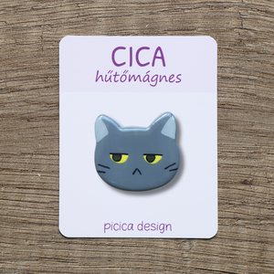 Cica hűtőmágnes - Szürke Morcos, Otthon & Életmód, Konyhafelszerelés, tálalás, Konyhai dekoráció, Hűtőmágnes, Gyurma, Festett tárgyak, MESKA