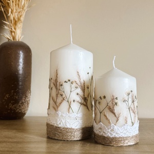 Szárított fátyolvirágos gyertya ajándékcsomag DÍSZDOBOZBAN- Csipkével és jutazsoinórral díszítve - Meska.hu