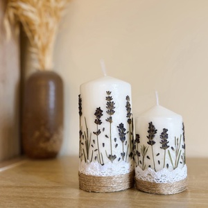 Szárított levendulás gyertya ajándékcsomag DÍSZDOBOZBAN- Csipkével és jutazsoinórral díszítve - Meska.hu