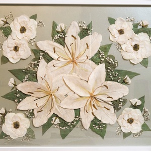 Liliom esküvői csokor préselés, örökcsokor 50x70 cm keretben - egyedi megrendelésre - Meska.hu