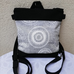 3in1 vászon női hátizsák mandalás , Táska & Tok, Variálható táska, Varrás, Szürke mandalás és fekete dekorvászonból készítettem ezt a hátizsákot. Belül 100% pamutvászon bélés..., MESKA