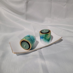 Tálca 2 db mécsestartóval egyedileg alcohol inkkel díszítve - otthon & életmód - gyertya, illat, aroma - mécses és mécsestartó - Meska.hu