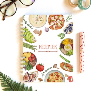 Akvarell étel mintás receptfüzet, receptgyűjtő spirálfüzet, Otthon & Életmód, Konyhafelszerelés, tálalás, Sütés, főzés, Receptfüzet, Fotó, grafika, rajz, illusztráció, Papírművészet, MESKA