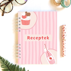 Retró rózsaszín mintás receptfüzet, receptgyűjtő spirálfüzet, Otthon & Életmód, Konyhafelszerelés, tálalás, Sütés, főzés, Receptfüzet, Fotó, grafika, rajz, illusztráció, Papírművészet, MESKA