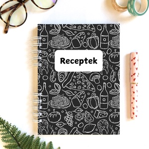Fekete alapon étel mintás receptfüzet, receptgyűjtő spirálfüzet, Otthon & Életmód, Konyhafelszerelés, tálalás, Sütés, főzés, Receptfüzet, Fotó, grafika, rajz, illusztráció, Papírművészet, MESKA