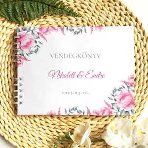 Rózsaszín és szürkészöld virágos esküvői vendégkönyv, fotóalbum - esküvő - emlék & ajándék - vendégkönyv - Meska.hu