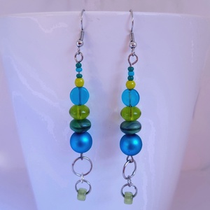 Kékzöld-különleges üveggyöngyökből, Ékszer, Fülbevaló, Lógó fülbevaló, Gyöngyfűzés, gyöngyhímzés, MESKA