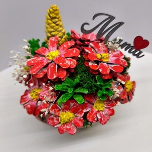  Kézzel festett tobozvirág-dísz kerámia tálban � piros � Anya / Mama felirattal, anyáknapi ajándék, Otthon & Életmód, Virágdekoráció, Virágdíszek, Asztali virágdísz, Festett tárgyak, Virágkötés, MESKA