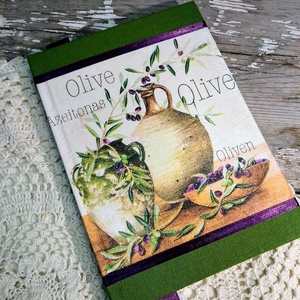 Zöld-lila olivás receptkönyv, Otthon & Életmód, Konyhafelszerelés, tálalás, Receptfüzet, Sütés, főzés, Decoupage, transzfer és szalvétatechnika, Könyvkötés, MESKA