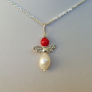 ezüst angyalka medál korallal és gyönggyel, Ékszer, Nyaklánc, Medál, Ékszerkészítés, Ötvös, MESKA