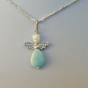 ezüst angyalka medál gyönggyel és amazonittal, Ékszer, Nyaklánc, Medál, Ékszerkészítés, Ötvös, MESKA
