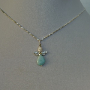 ezüst angyalka medál gyönggyel és amazonittal - ékszer - nyaklánc - medál - Meska.hu