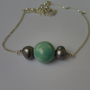 ezüst nyaklánc kerámia rózsával és gyönggyel - ékszer - nyaklánc - medálos nyaklánc - Meska.hu