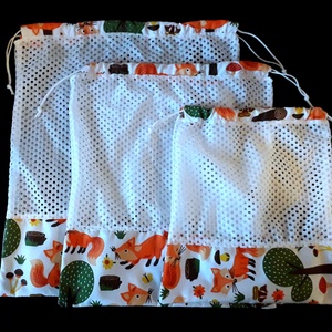 Rókás három darab hálós textil zsák  - táska & tok - bevásárlás & shopper táska - zöldség/gyümölcs zsák - Meska.hu