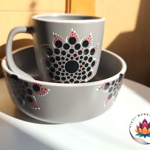 Mandalás müzlis tál és bögre szett (szürke), Otthon & Életmód, Konyhafelszerelés, tálalás, Tálalás, Teás- és kávés pohár, készlet, Festett tárgyak, Festészet, MESKA
