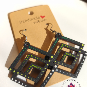 Fa fülbevaló (négyzet a négyzetben), Ékszer, Fülbevaló, Lógó fülbevaló, Festett tárgyak, Festészet, MESKA