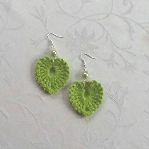 Zöld horgolt szívecske, Ékszer, Fülbevaló, Lógó fülbevaló, Ékszerkészítés, Horgolás, MESKA