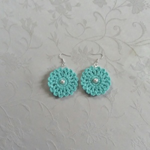 Türkiz horgolt fülbevaló, Ékszer, Fülbevaló, Lógós kerek fülbevaló, Ékszerkészítés, Horgolás, MESKA
