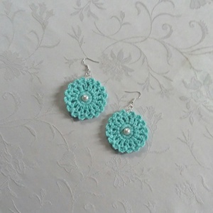 Türkiz horgolt fülbevaló - ékszer - fülbevaló - lógós kerek fülbevaló - Meska.hu