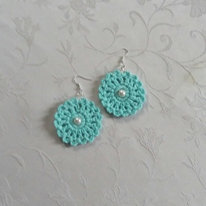 Türkiz horgolt fülbevaló - ékszer - fülbevaló - lógós kerek fülbevaló - Meska.hu