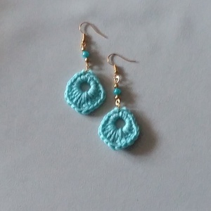 Türkiz horgolt fülbevaló - ékszer - fülbevaló - lógós kerek fülbevaló - Meska.hu