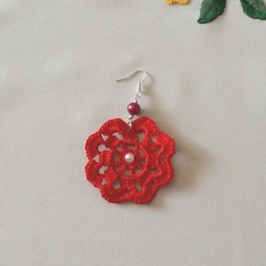 Piros horgolt fülbevaló, Ékszer, Fülbevaló, Lógós kerek fülbevaló, Ékszerkészítés, Horgolás, MESKA