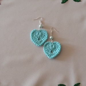 Türkiz szívecske, Ékszer, Fülbevaló, Lógó fülbevaló, Ékszerkészítés, Horgolás, MESKA