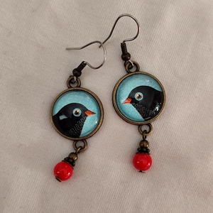 Üveglencsés fülbevaló madaras képpel, Ékszer, Fülbevaló, Lógós kerek fülbevaló, Ékszerkészítés, MESKA