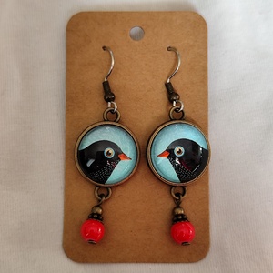 Üveglencsés fülbevaló madaras képpel - ékszer - fülbevaló - lógós kerek fülbevaló - Meska.hu