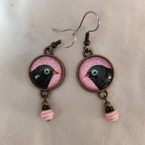 Üveglencsés fülbevaló madaras képpel - ékszer - fülbevaló - lógós kerek fülbevaló - Meska.hu