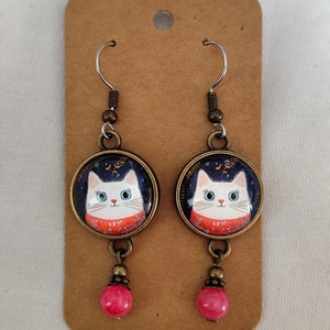 Üveglencsés fülbevaló cicás képpel, Ékszer, Fülbevaló, Lógós kerek fülbevaló, Ékszerkészítés, MESKA