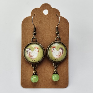 Tyúkocskás üveglencsés fülbevaló - ékszer - fülbevaló - lógó fülbevaló - Meska.hu