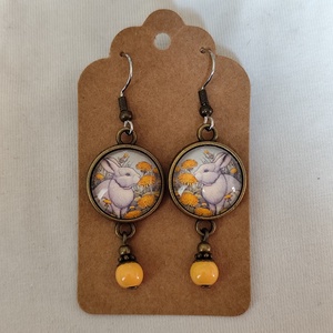 Üveglencsés fülbevaló pitypangos, nyuszis mintával , Ékszer, Fülbevaló, Lógó fülbevaló, Ékszerkészítés, MESKA