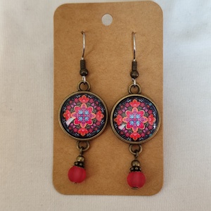 Üveglencsés fülbevaló mandala mintával, Ékszer, Fülbevaló, Lógós kerek fülbevaló, Ékszerkészítés, MESKA